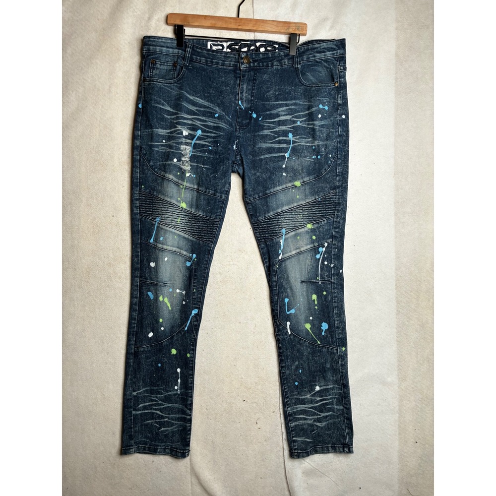 RSCOOP Mens Moto Jeans Paint Splatter Biker Slim‎ Fit Blue Denim 38x34